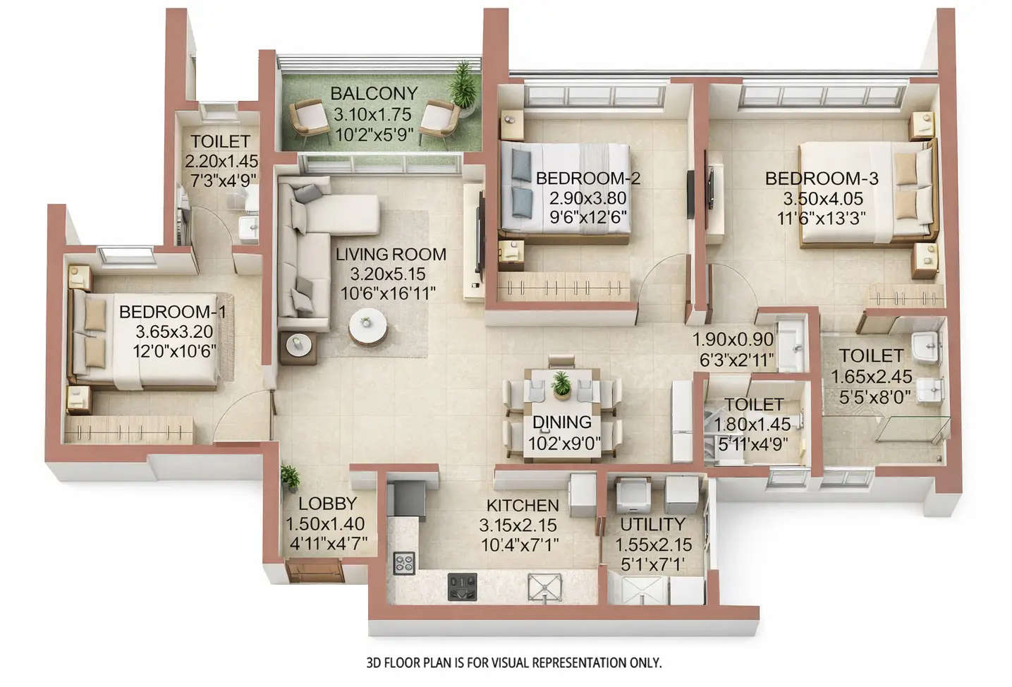 Floor plan for 3 BHK