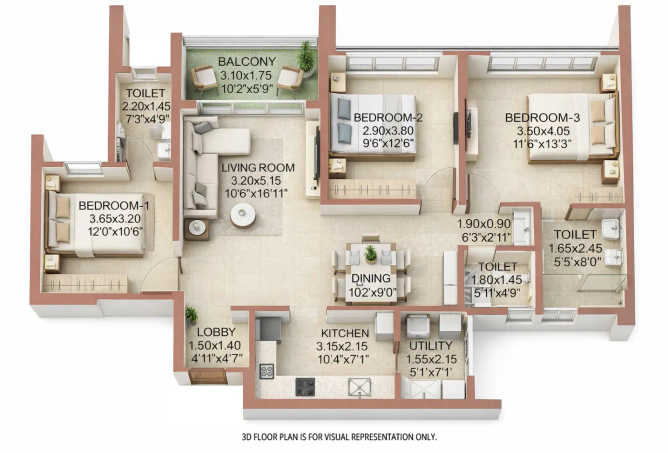Rohan Ekam Balewadi - Floor plan 3 BHK 1062 Sq.ft