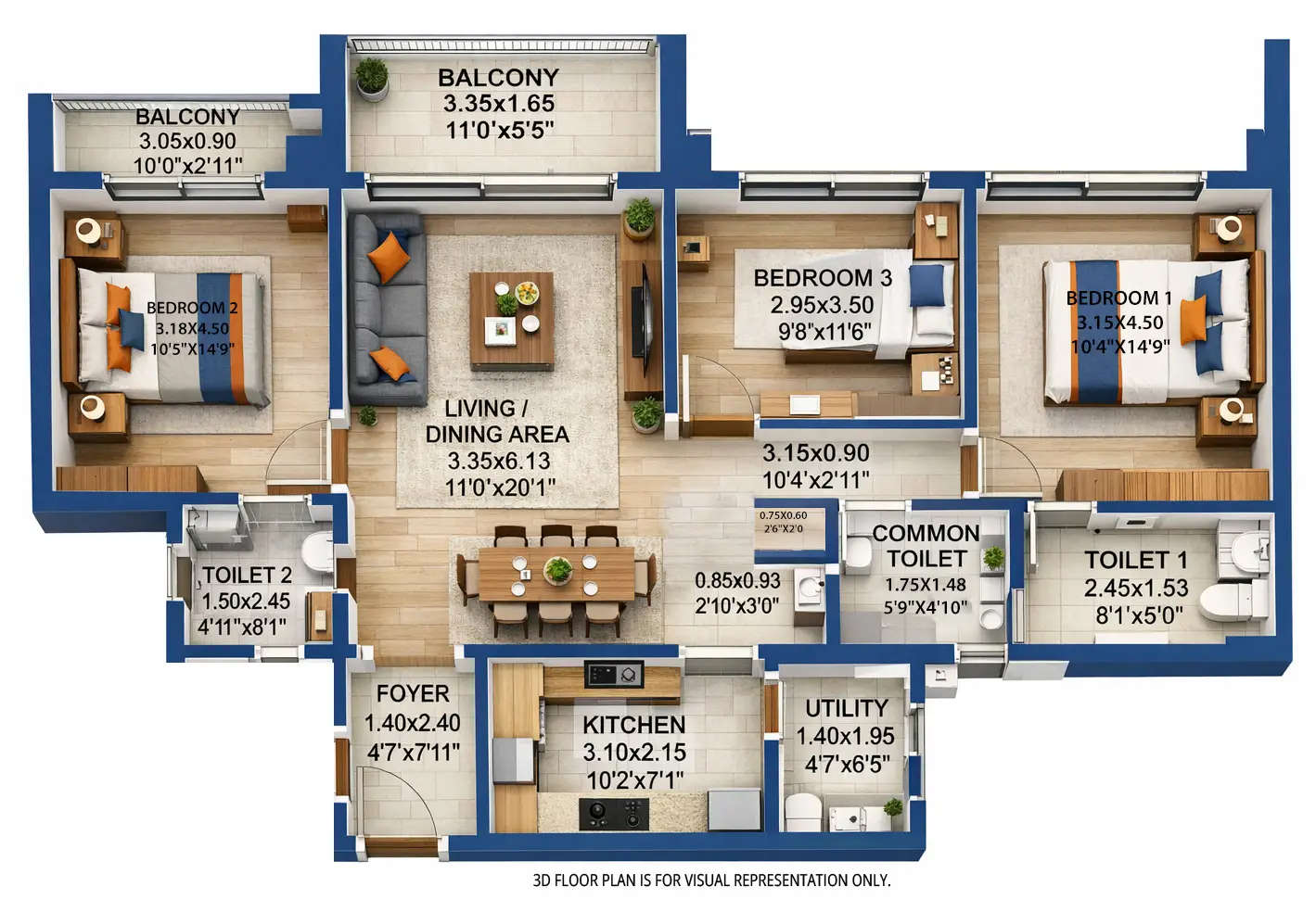 Floor plan for 3 BHK
