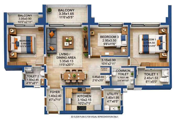 Rohan Harita Pimpri Chinchwad - Floor plan 3 BHK 1100 Sq.ft