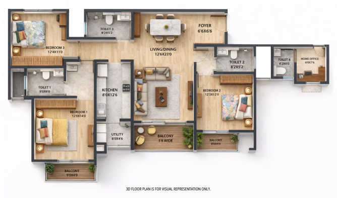 The Prestige City Sarjapura - Floor plan 3 BHK 2000 Sq.ft