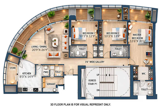 Lodha World Crest Lower Parel - Floor plan 3 BHK 1800 Sq.ft