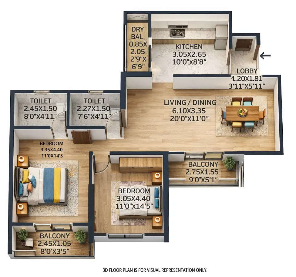 Floor plan for 2 BHK