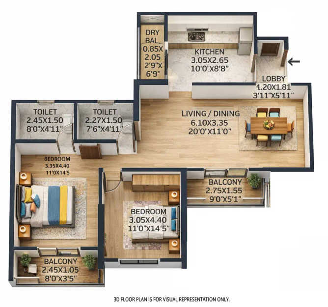 VTP Vibrance Baner - Floor plan 2 BHK 850 Sq.ft
