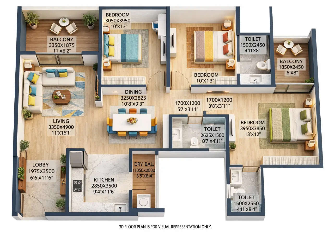 Floor plan for 3 BHK
