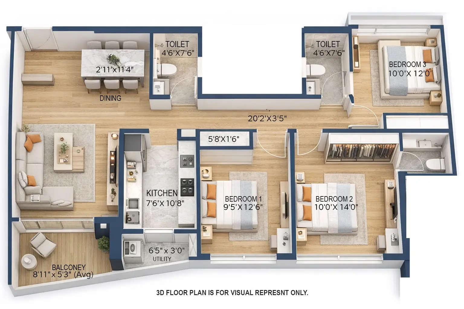 Floor plan for 3 BHK