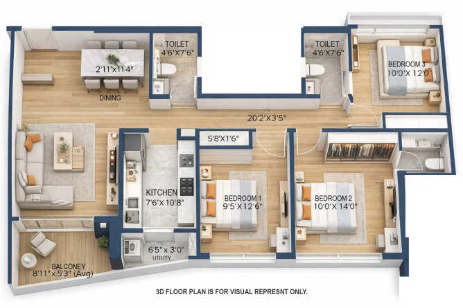 Rustomjee Vista Bay Sewri - Floor plan 3 BHK 1050 Sq.ft