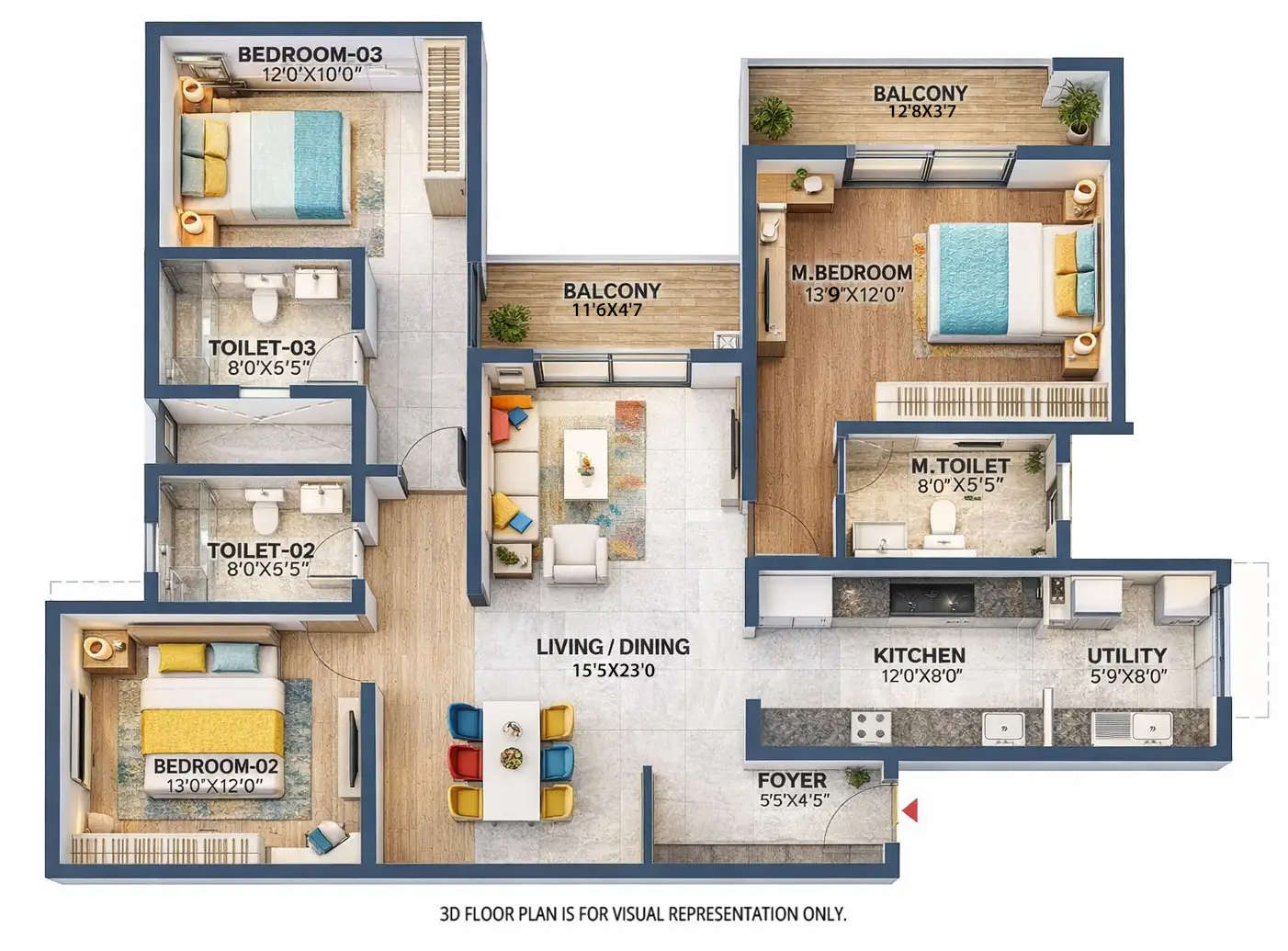 Floor plan for 3 BHK