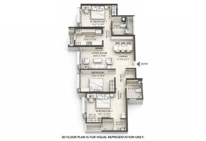 Sheth Vasant Lawns Majiwada - Floor plan 3 BHK 1120 Sq.ft