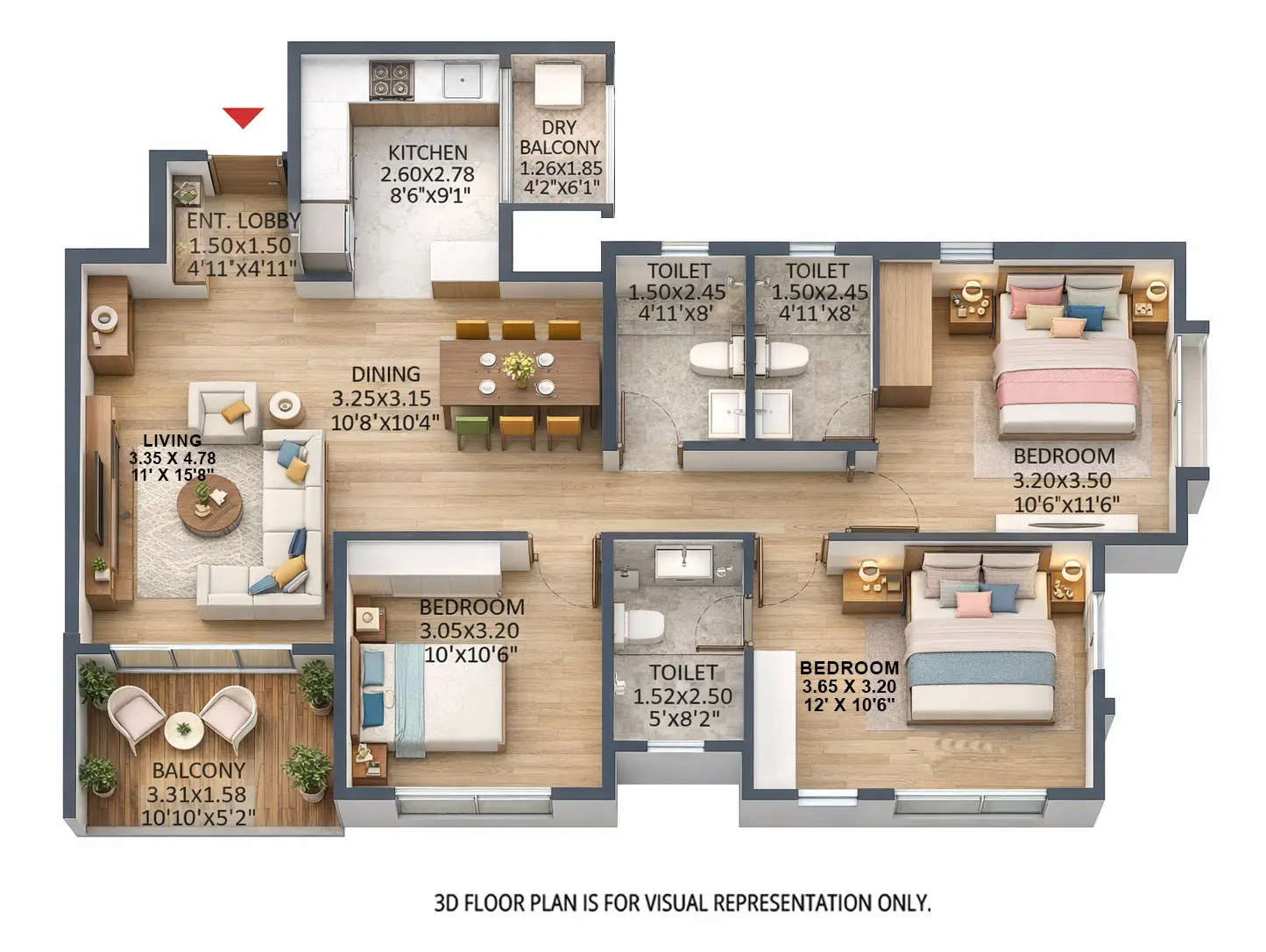 Floor plan for 3 BHK