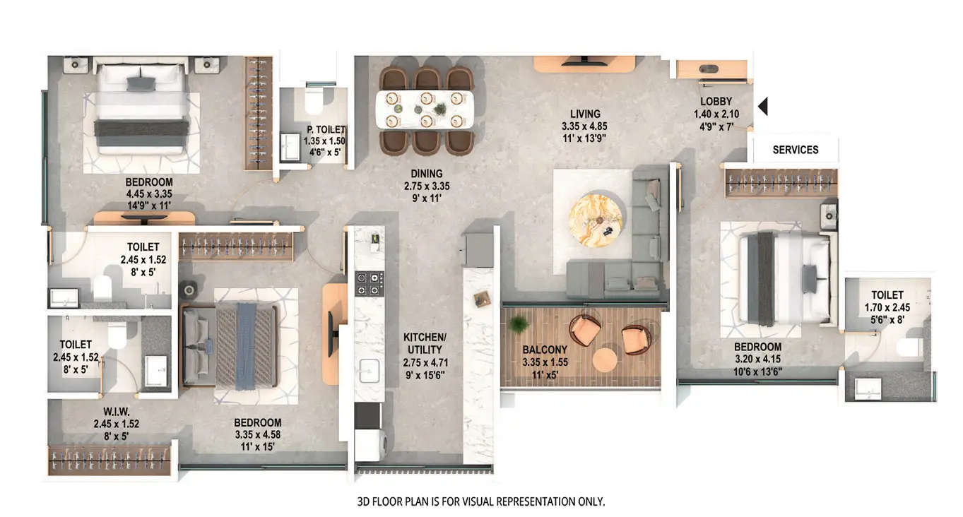 Floor plan for 3 BHK
