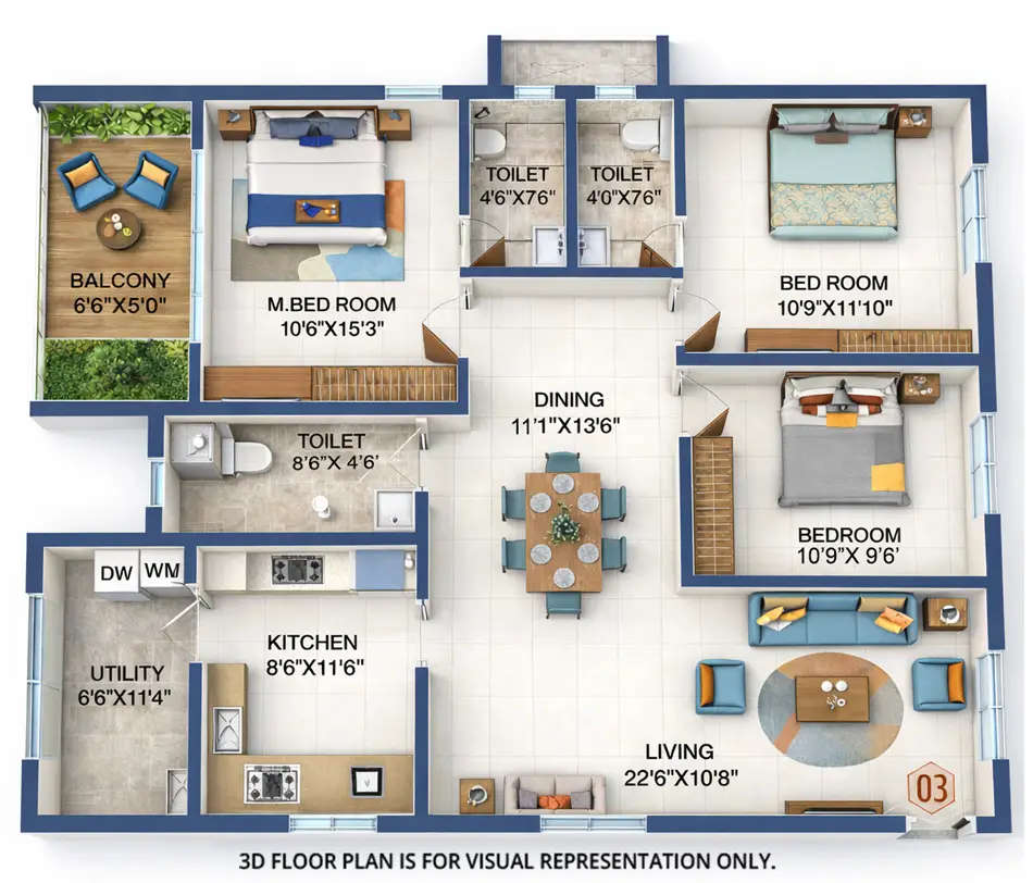 Floor plan for 3 BHK