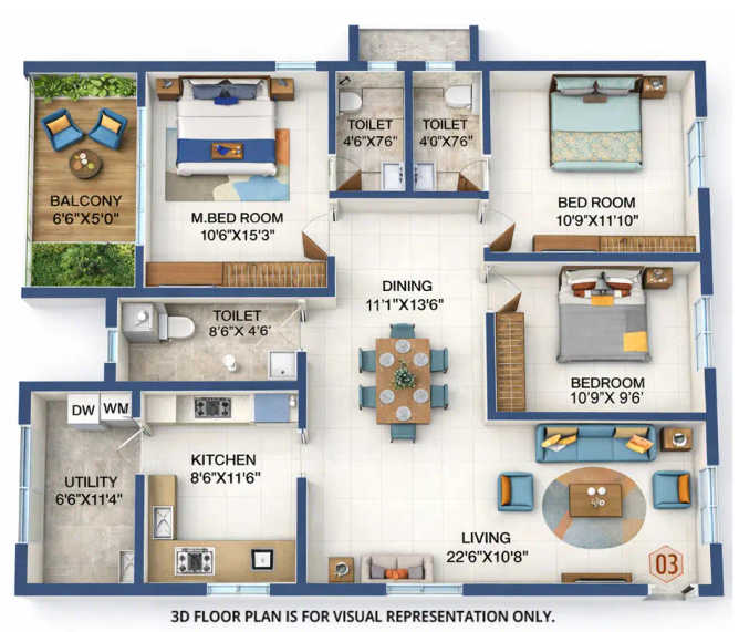 Candeur Twins Miyapur - Floor plan 3 BHK 1688 Sq.ft