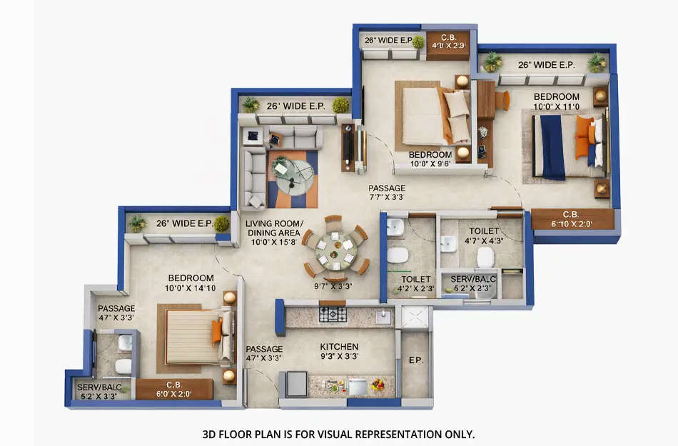 Floor plan for 3 BHK