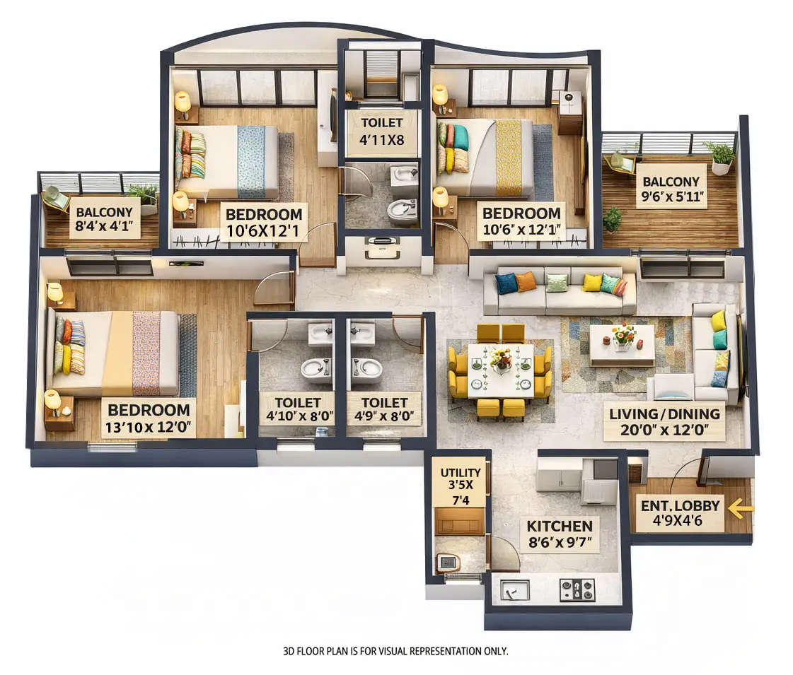 Floor plan for 3 BHK