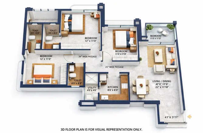 Runwal Opulent Dombivali - Floor plan 3 BHK 1001 Sq.ft