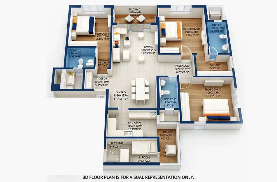 Floor plan for 3 BHK