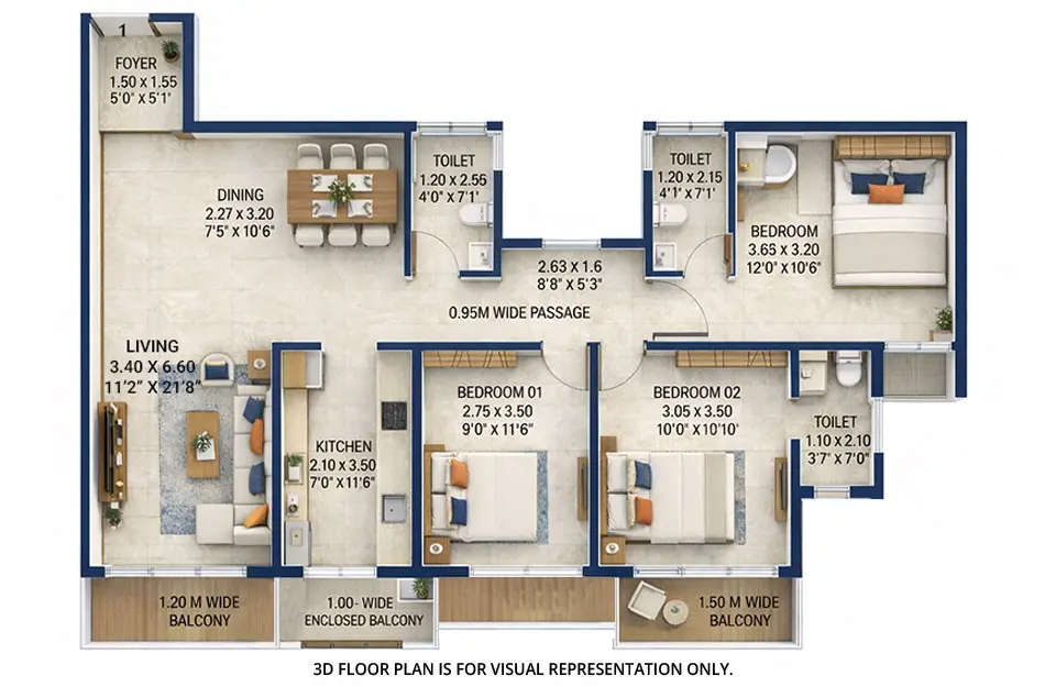 Floor plan for 3 BHK