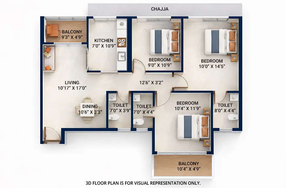 Floor plan for 3 BHK