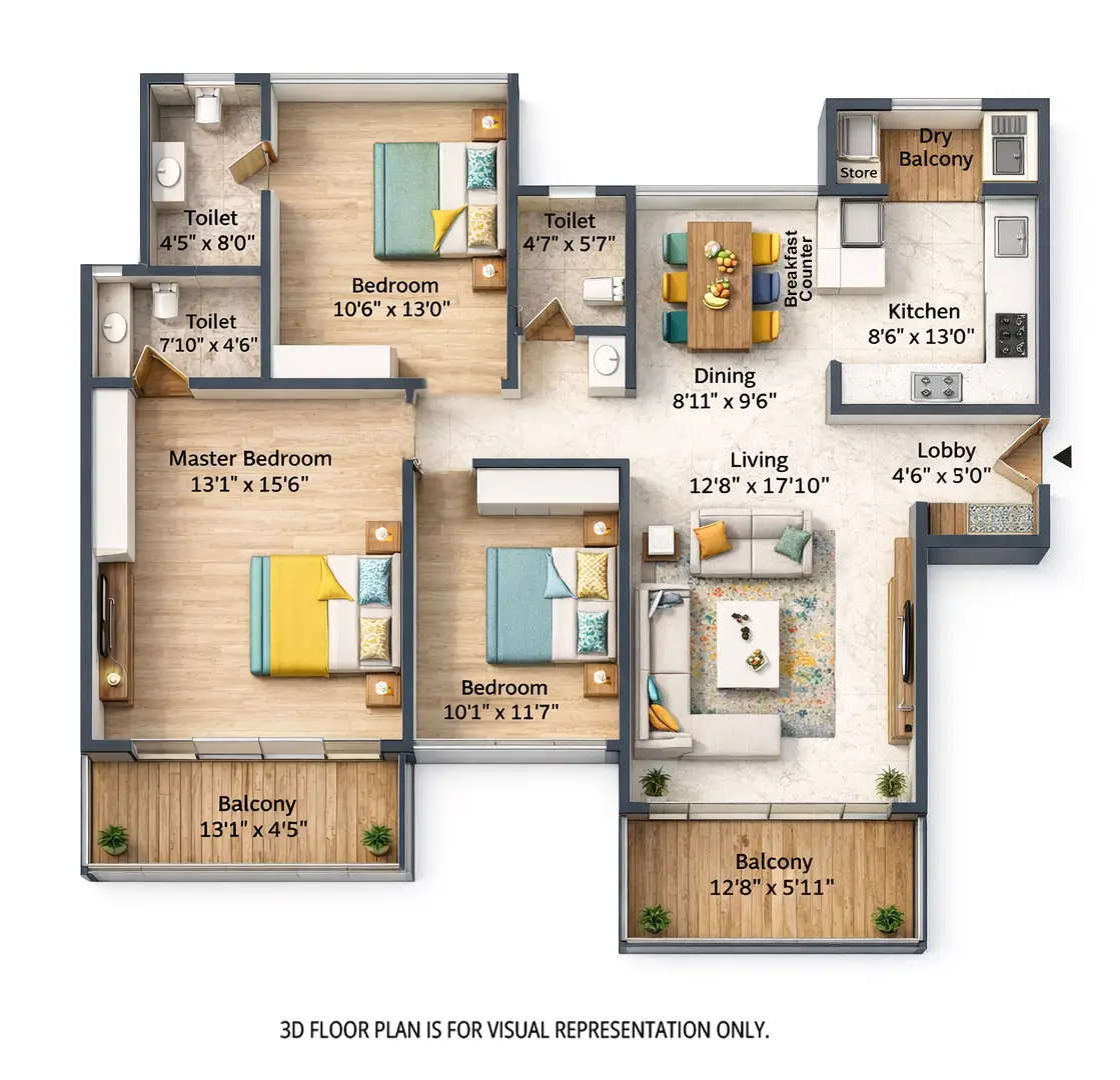 Floor plan for 3 BHK