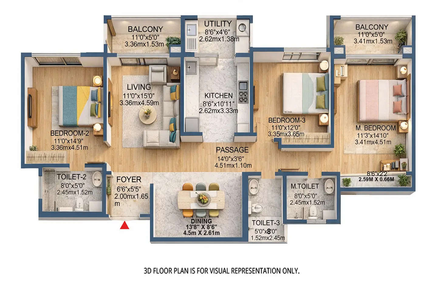 Floor plan for 3 BHK
