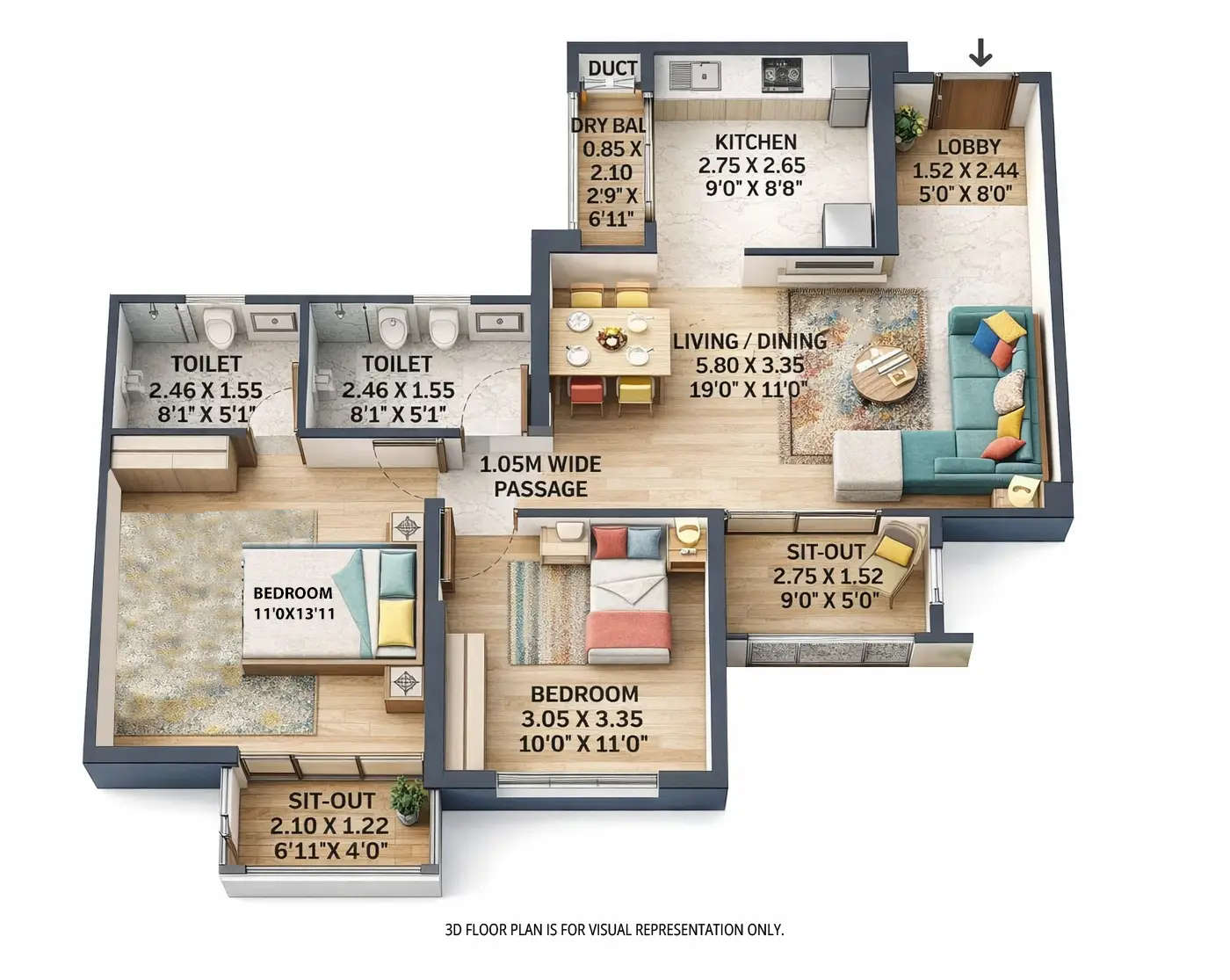 VTP Monarque Hinjewadi - Floor plan 2 BHK 837 Sq.ft