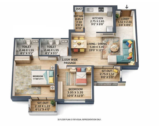 VTP Monarque Hinjewadi - Floor plan 2 BHK 837 Sq.ft
