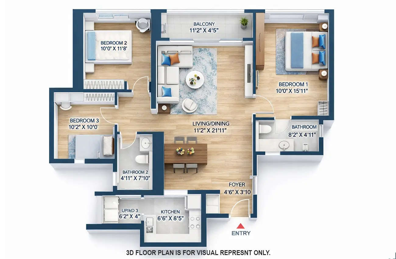 Sobha Inizio Parel - Floor plan 3 BHK 1021 Sq.ft