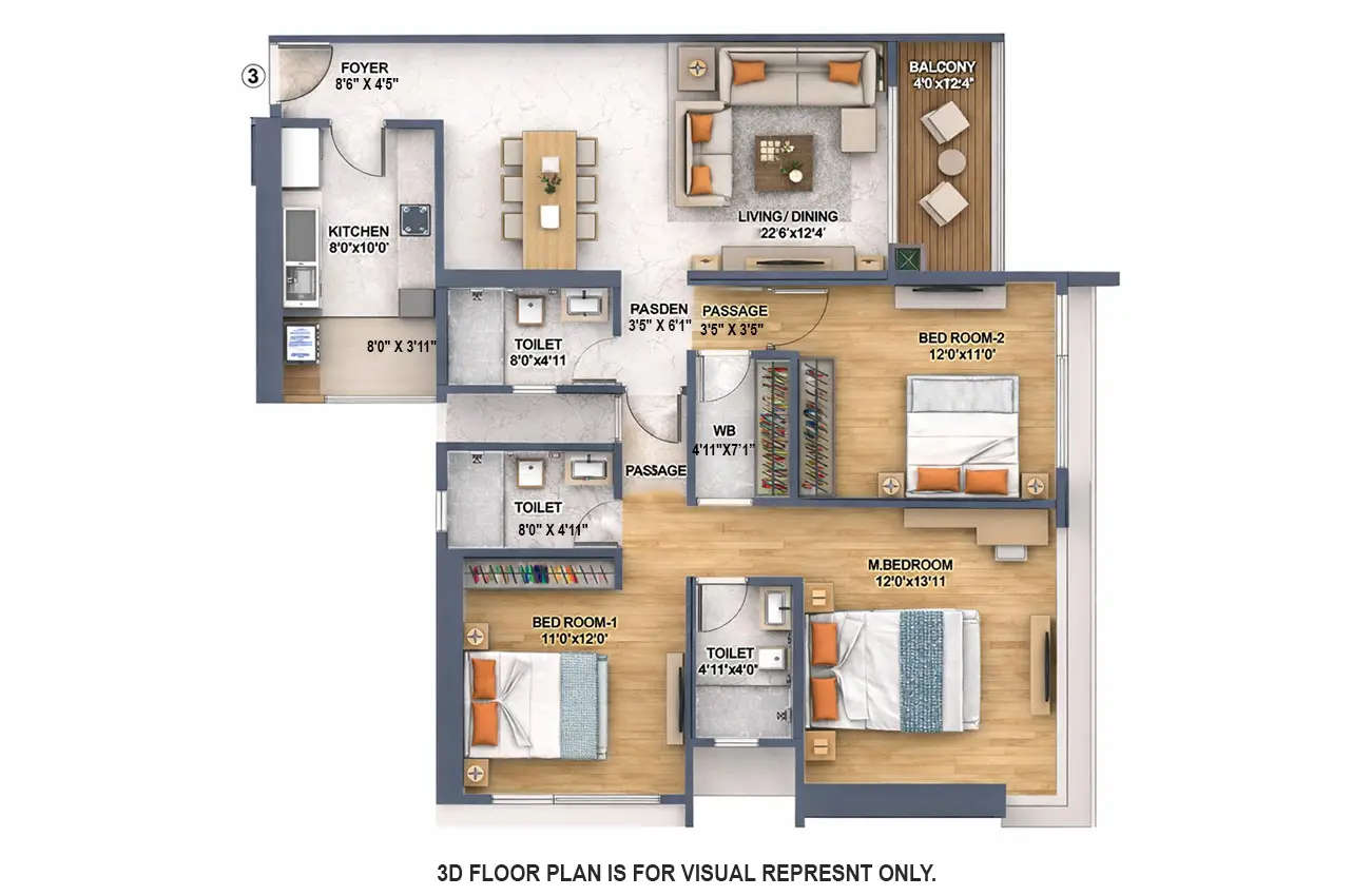 Prestige Jasdan Classic Mahalaxmi - Floor plan 3 BHK 1256 Sq.ft