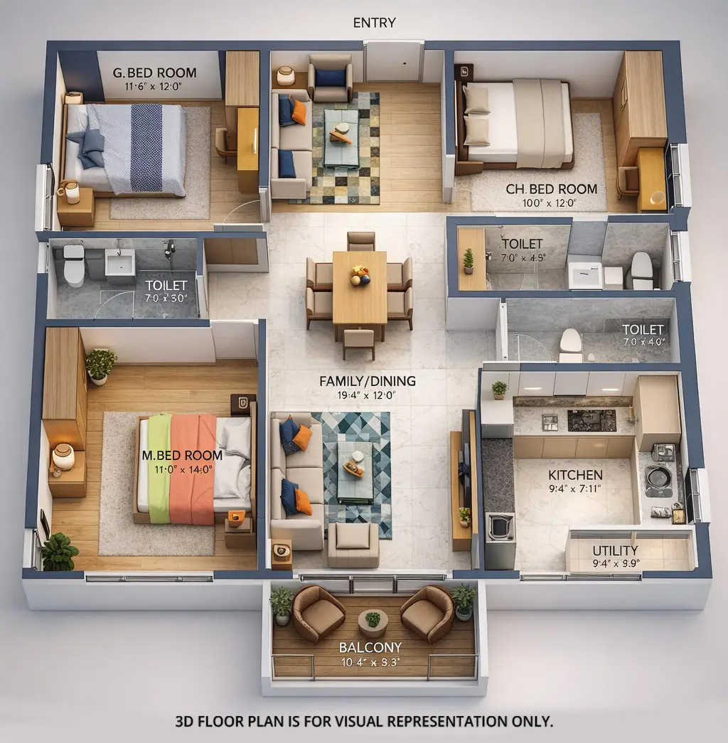 Urbanrise The World Of Joy Miyapur - Floor plan 3 BHK 1839 Sq.ft