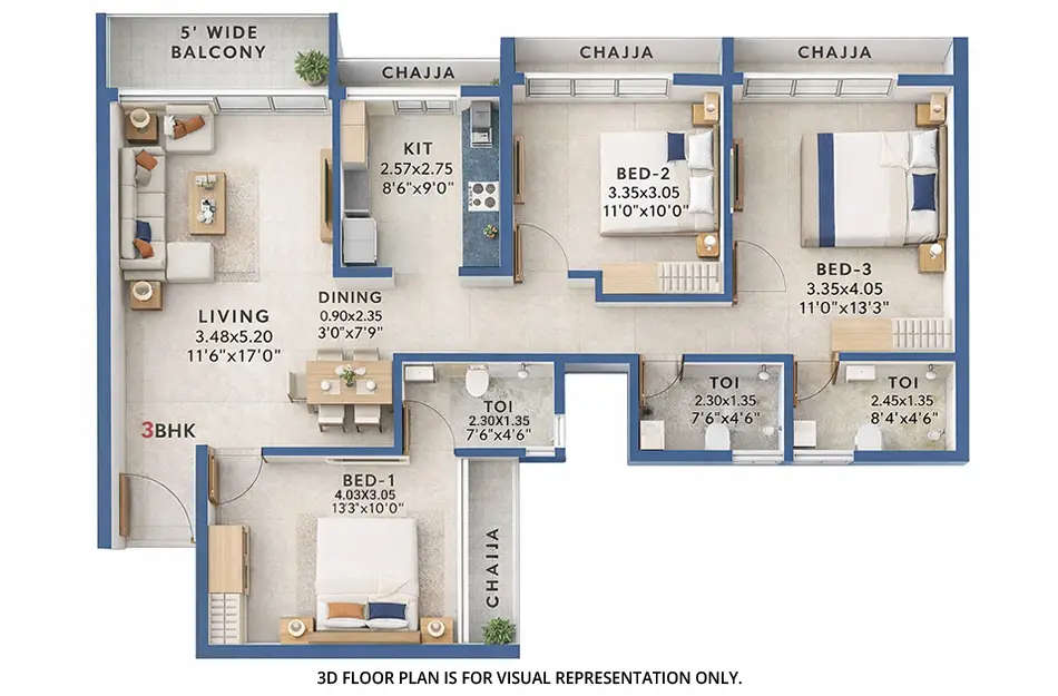 Aramus The Domus Kharghar - Floor plan 3 BHK 1347 Sq.ft