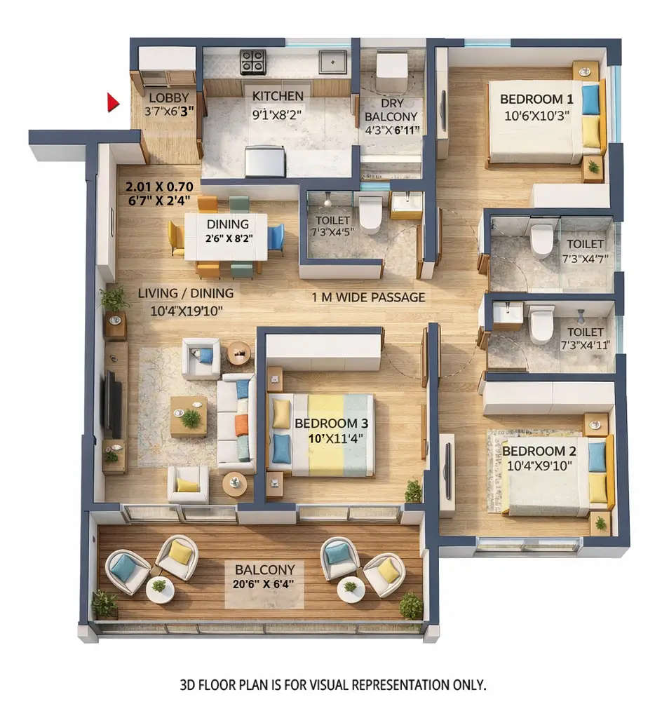 Kolte Patil Springshire Wagholi - Floor plan 3 BHK 1028 Sq.ft