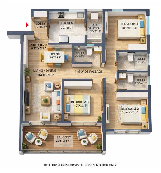 Kolte Patil Springshire Wagholi - Floor plan 3 BHK 1028 Sq.ft