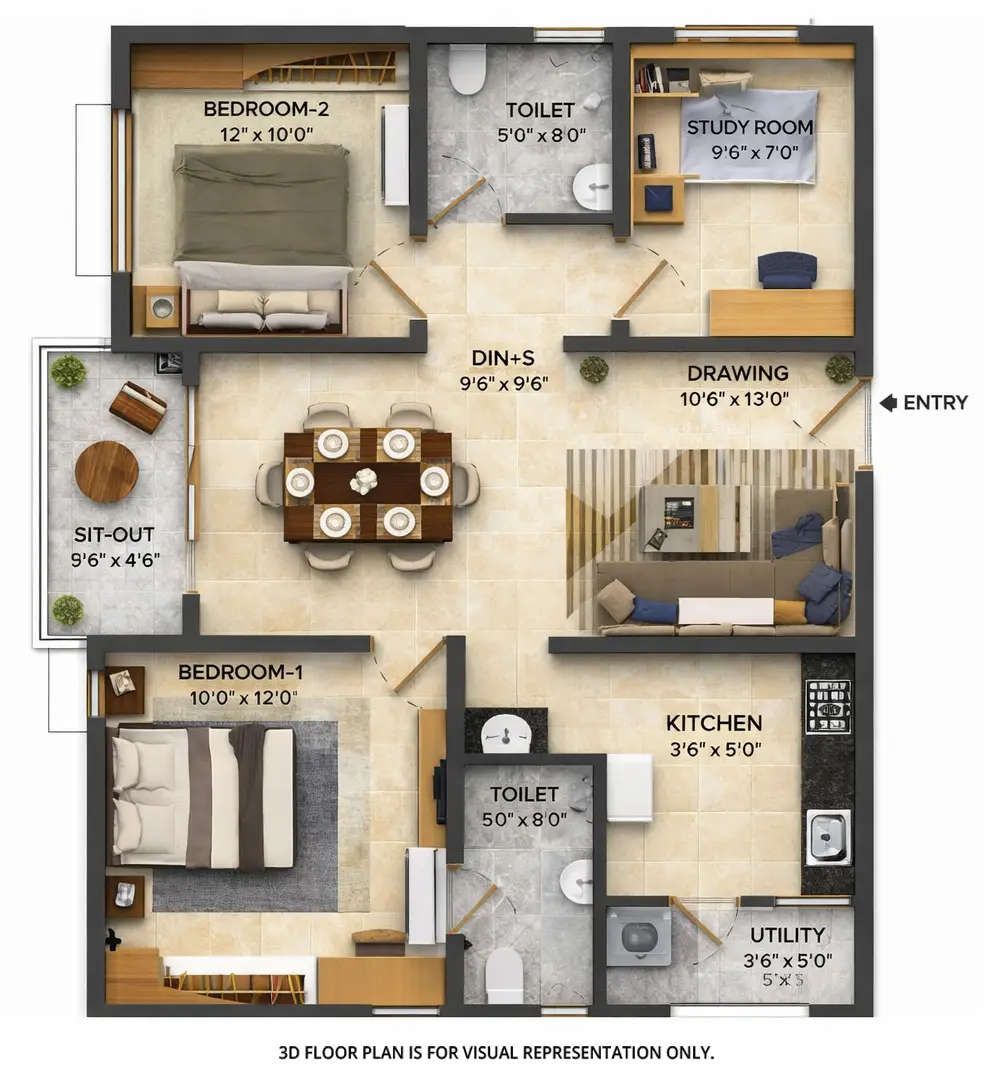 Ramky One Symphony Patancheru - Floor plan 2.5 BHK 1265 Sq.ft