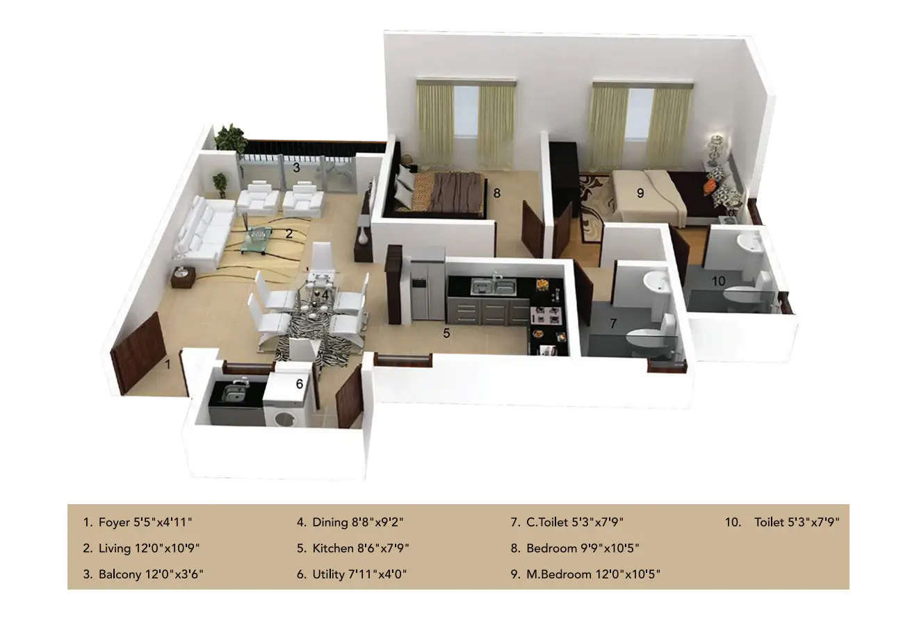 Ramky Fortuna Whitefield - Floor plan 2 BHK 1059 Sq.ft