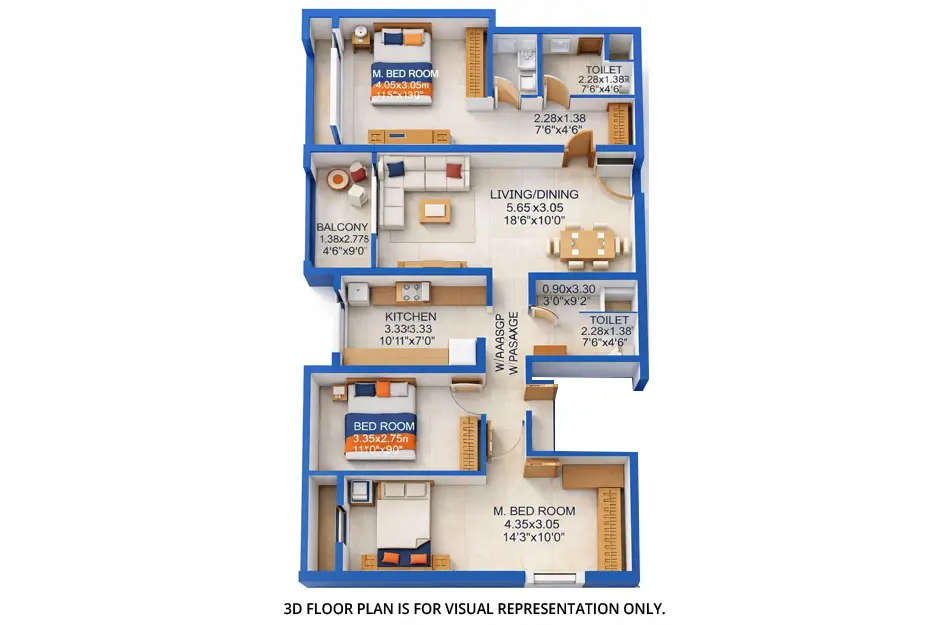 Dosti 604 Wagle Estate - Floor plan 3 BHK 975 Sq.ft