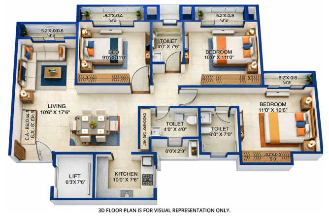 Grace Square Mumbra - Floor plan 3 BHK 801 Sq.ft