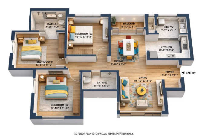 Sobha One World Hoskote - Floor plan 3 BHK 1525 Sq.ft