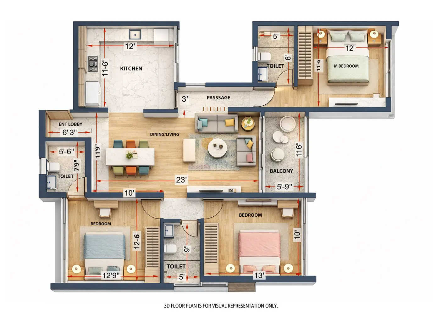 Kumar Parth Tower Baner - Floor plan 3 BHK 1090 Sq.ft