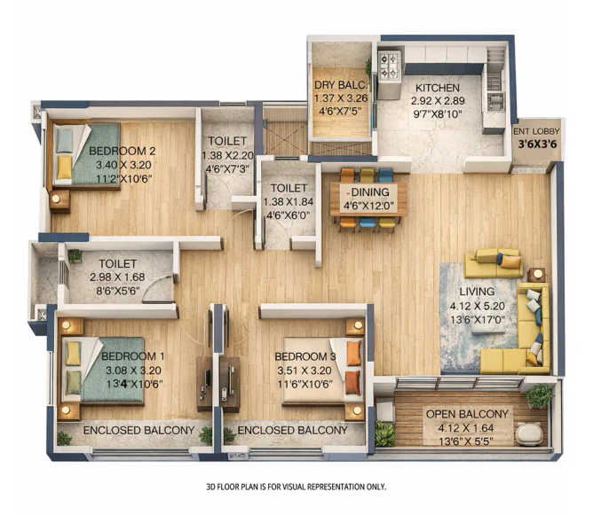 Pride Purple Park Landmark Bibwewadi - Floor plan 3 BHK 923 Sq.ft