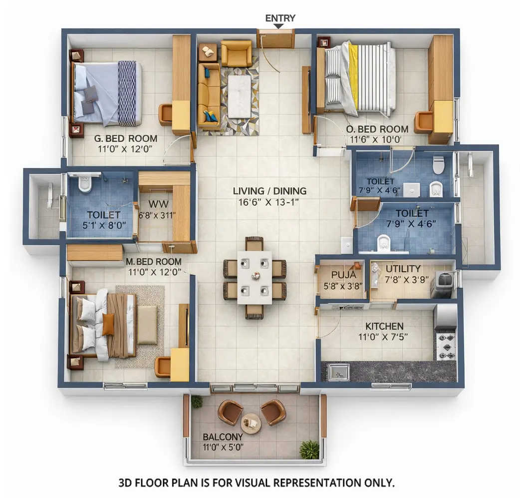 Urbanrise Opulence Nizampet - Floor plan 3 BHK 1649 Sq.ft