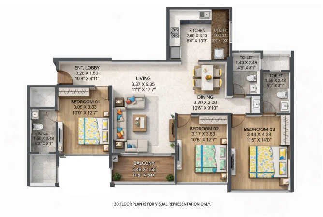 Merlin Ventana Baner - Floor plan 3 BHK 1142 Sq.ft