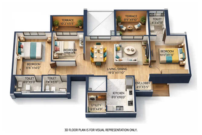 Goel Ganga Nakshatra Bibwewadi - Floor plan 3 BHK 890 Sq.ft