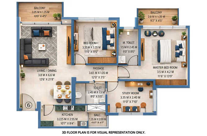 Adani 9 PBR Nerul - Floor plan 2.5 BHK 1080 Sq.ft