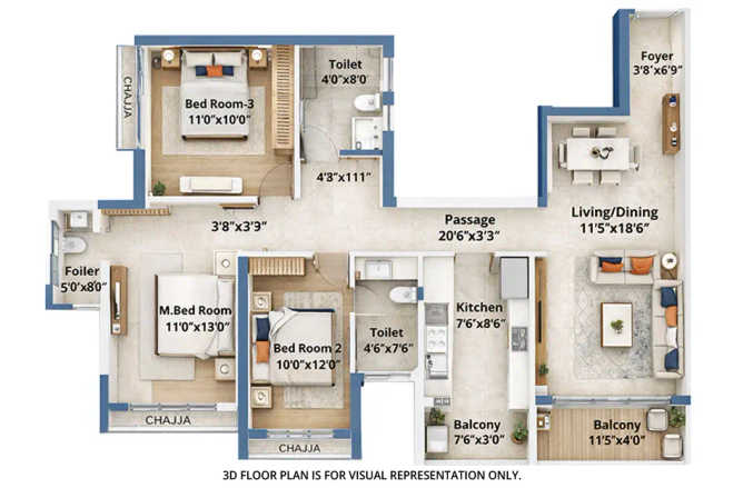 Godrej Eternal Palms Sanpada - Floor plan 3 BHK 1000 Sq.ft