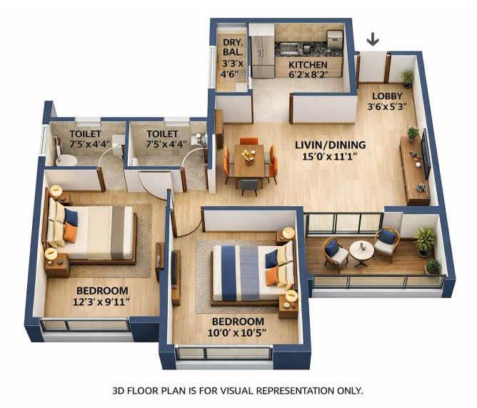 VTP Earth One Mahalunge - Floor plan 2 BHK 736 Sq.ft