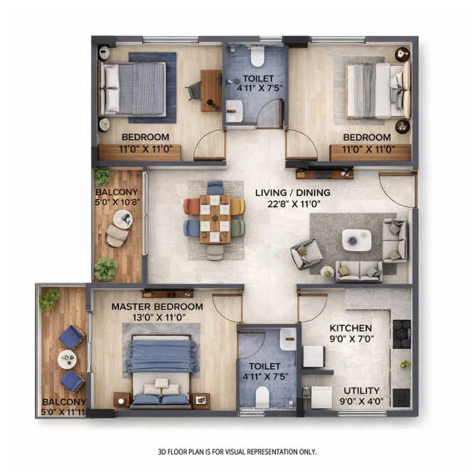 Abhee Pride Iggaluru - Floor plan 3 BHK 1360 Sq.ft