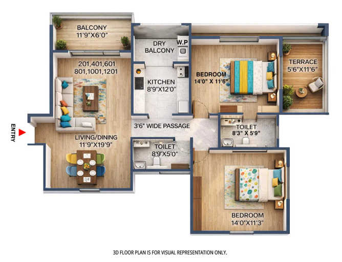 Pride Aloma County Baner - Floor plan 2 BHK 1206 Sq.ft