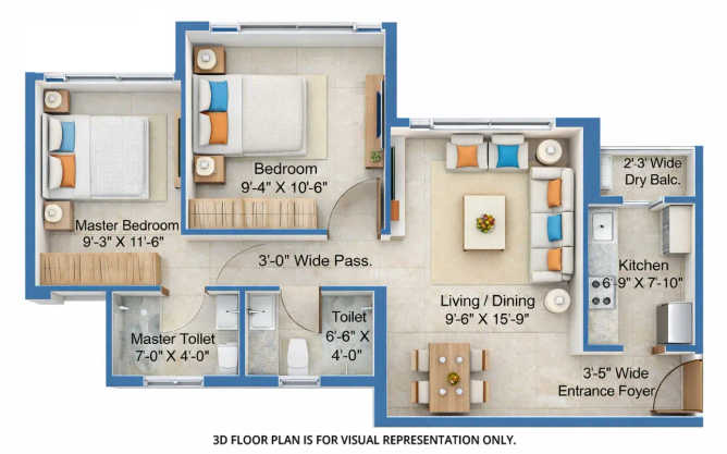 Sunteck One World Naigaon - Floor plan 2 BHK 550 Sq.ft