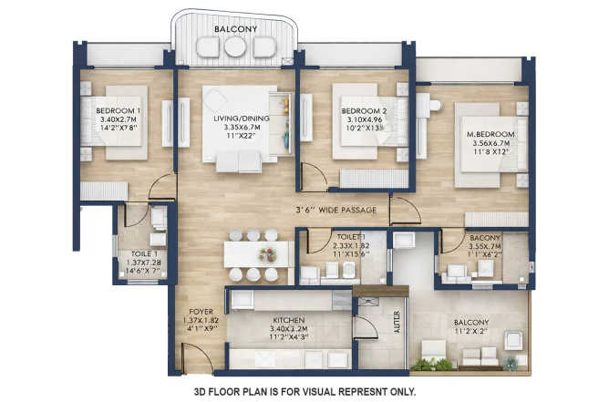 L & T Pearl Mahim - Floor plan 3 BHK 1041 Sq.ft